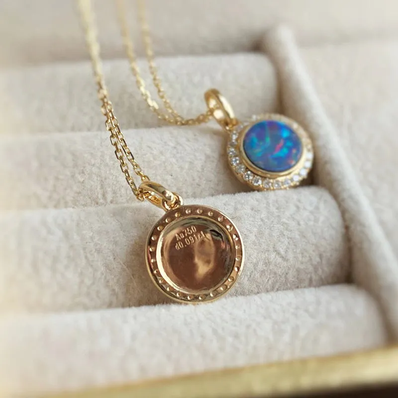 18K Gold Round Cut 0.18ct Natural Opal Diamond Pendant Necklace 18"