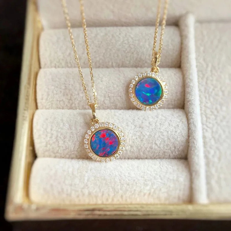 18K Gold Round Cut 0.18ct Natural Opal Diamond Pendant Necklace 18"
