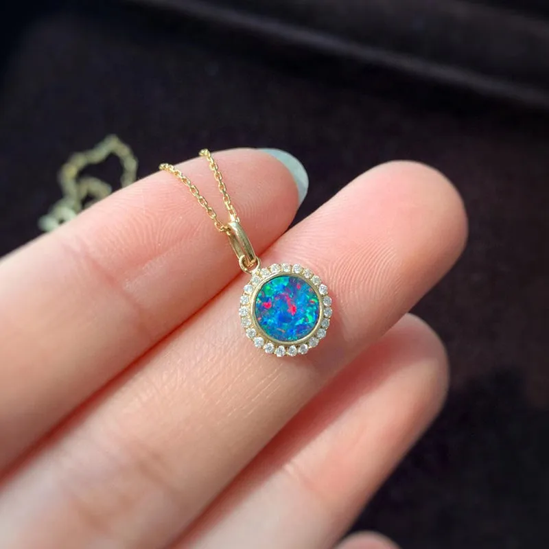 18K Gold Round Cut 0.18ct Natural Opal Diamond Pendant Necklace 18"