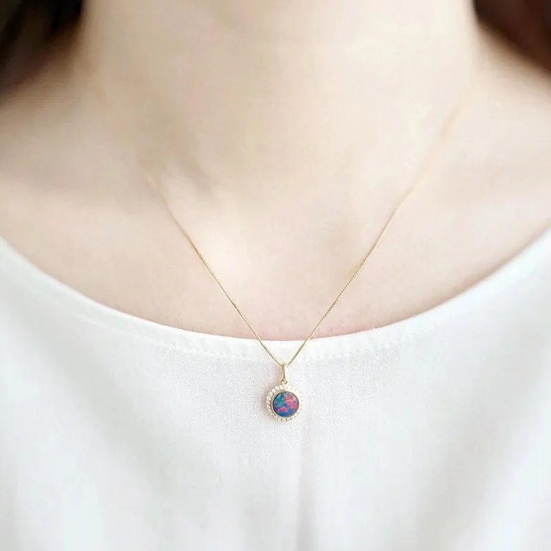 18K Gold Round Cut 0.18ct Natural Opal Diamond Pendant Necklace 18"