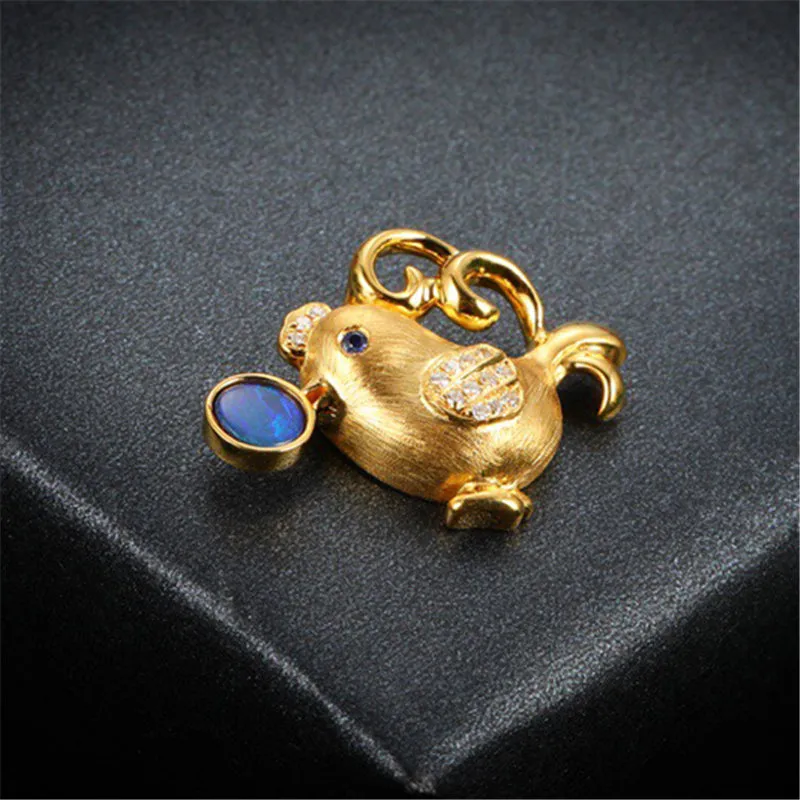 18K Gold Round Cut Natural Diamond Blue Sapphire Opal 14X14MM Chicken Pendant Necklace