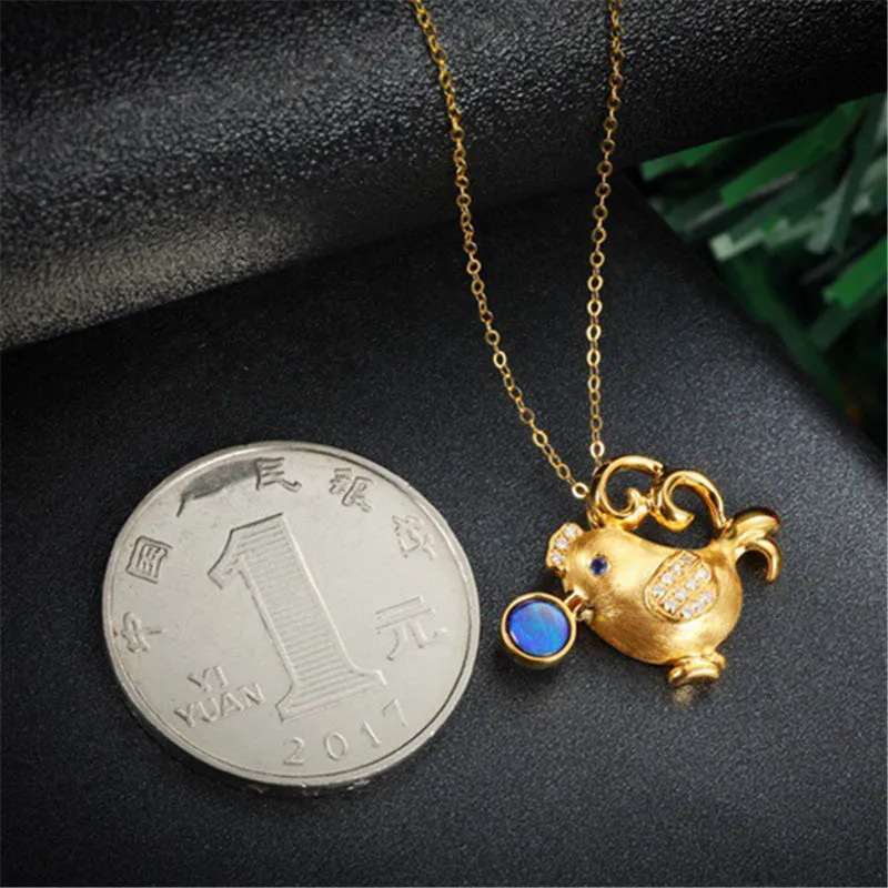 18K Gold Round Cut Natural Diamond Blue Sapphire Opal 14X14MM Chicken Pendant Necklace