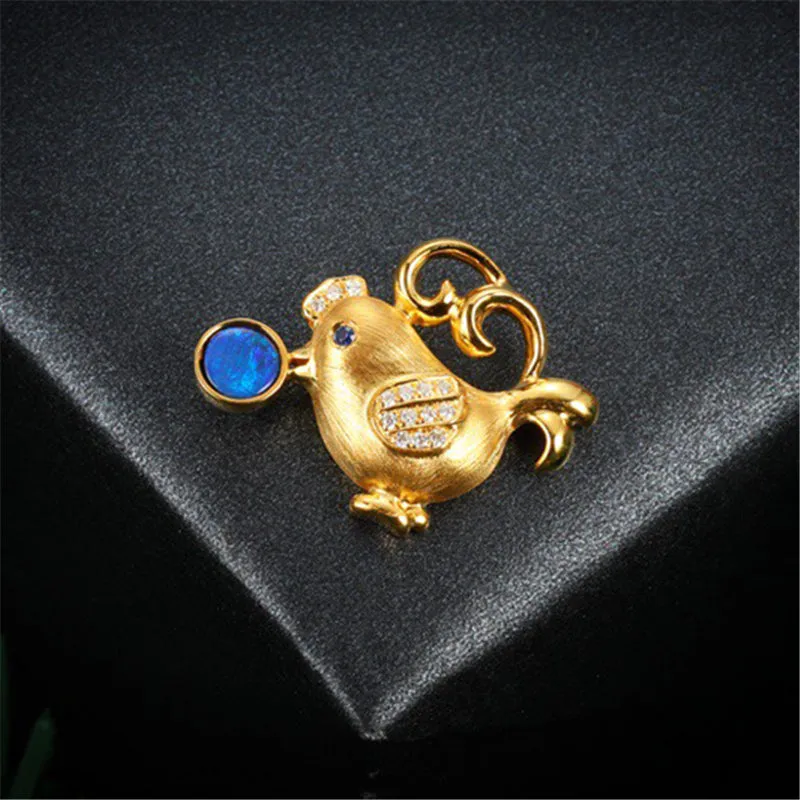 18K Gold Round Cut Natural Diamond Blue Sapphire Opal 14X14MM Chicken Pendant Necklace