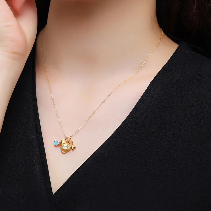 18K Gold Round Cut Natural Diamond Blue Sapphire Opal 14X14MM Chicken Pendant Necklace