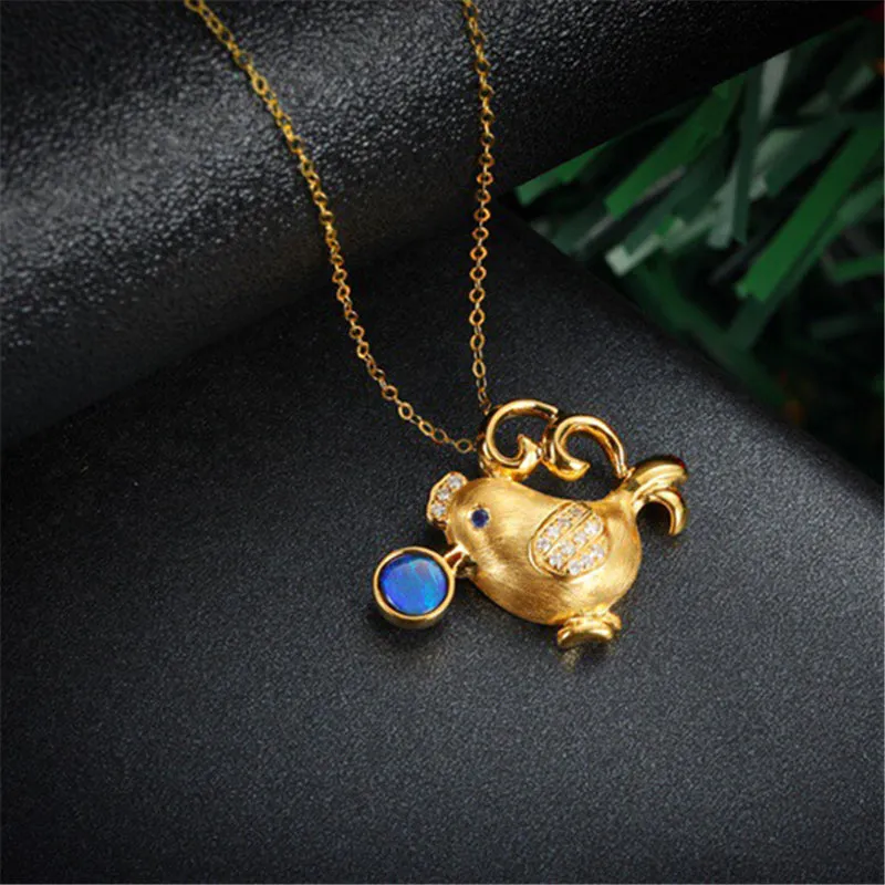 18K Gold Round Cut Natural Diamond Blue Sapphire Opal 14X14MM Chicken Pendant Necklace