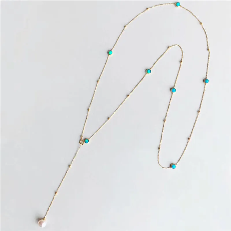 18K Gold Round Cut Natural Opal Akoya Pearl Total Length 70CM Necklace