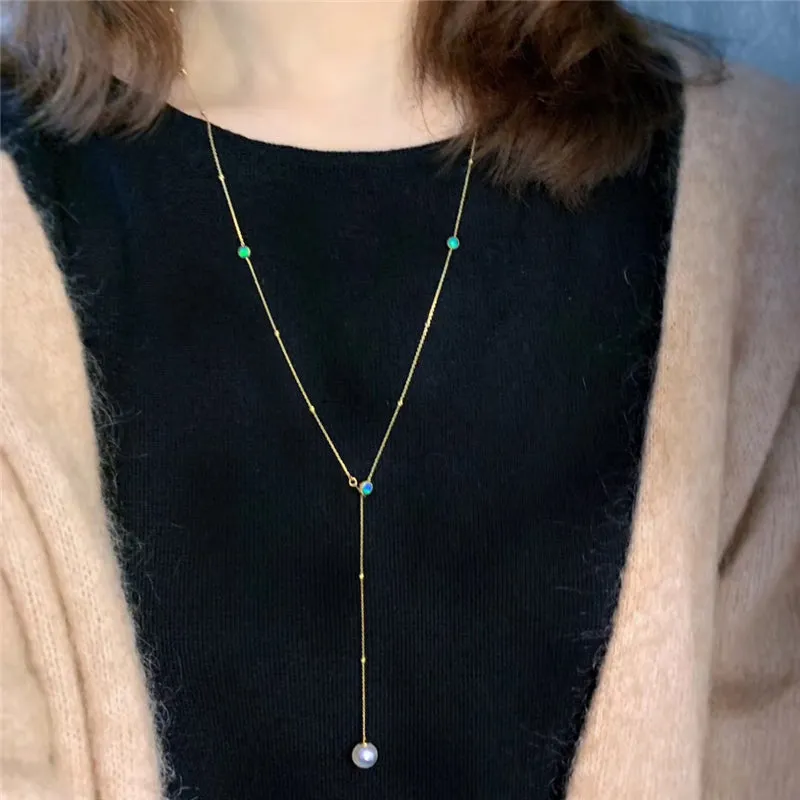 18K Gold Round Cut Natural Opal Akoya Pearl Total Length 70CM Necklace