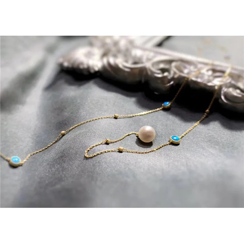18K Gold Round Cut Natural Opal Akoya Pearl Total Length 70CM Necklace
