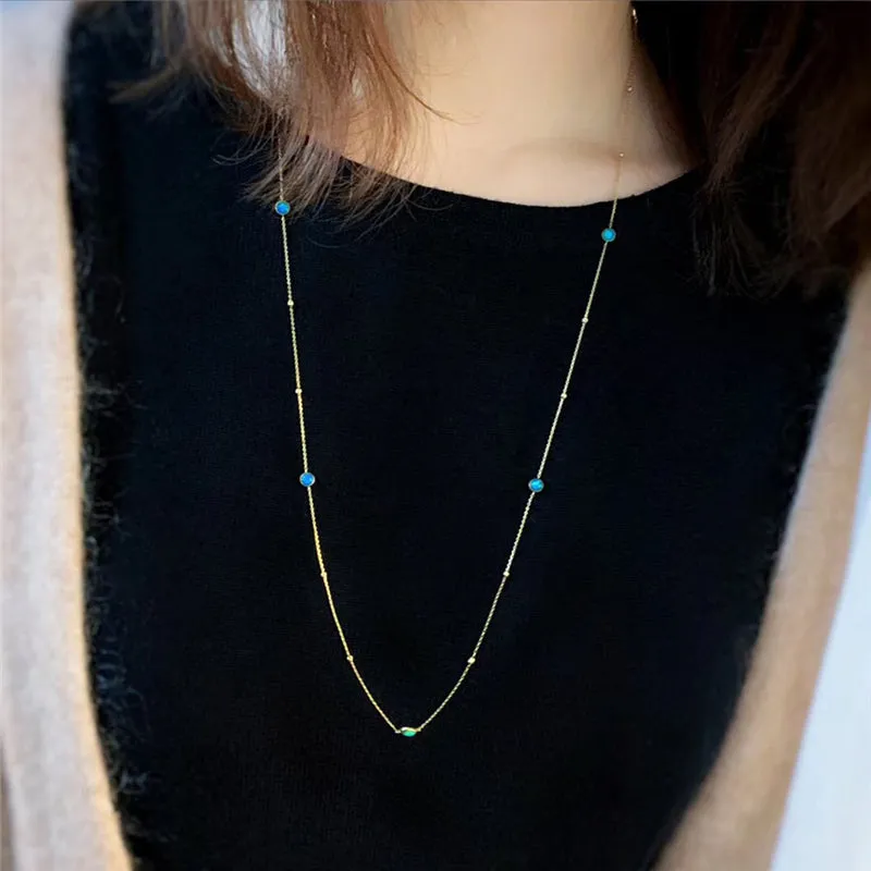 18K Gold Round Cut Natural Opal Akoya Pearl Total Length 70CM Necklace