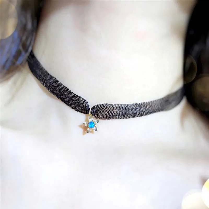 18K Gold Round Natural Diamond Opal 4.5M Five-pointed Star Choder Pendant