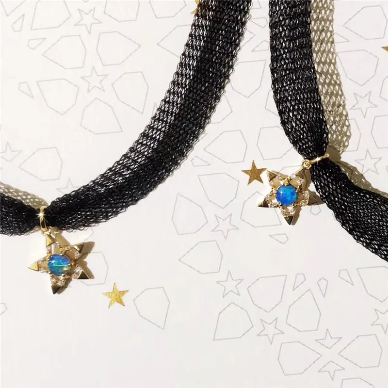 18K Gold Round Natural Diamond Opal 4.5M Five-pointed Star Choder Pendant