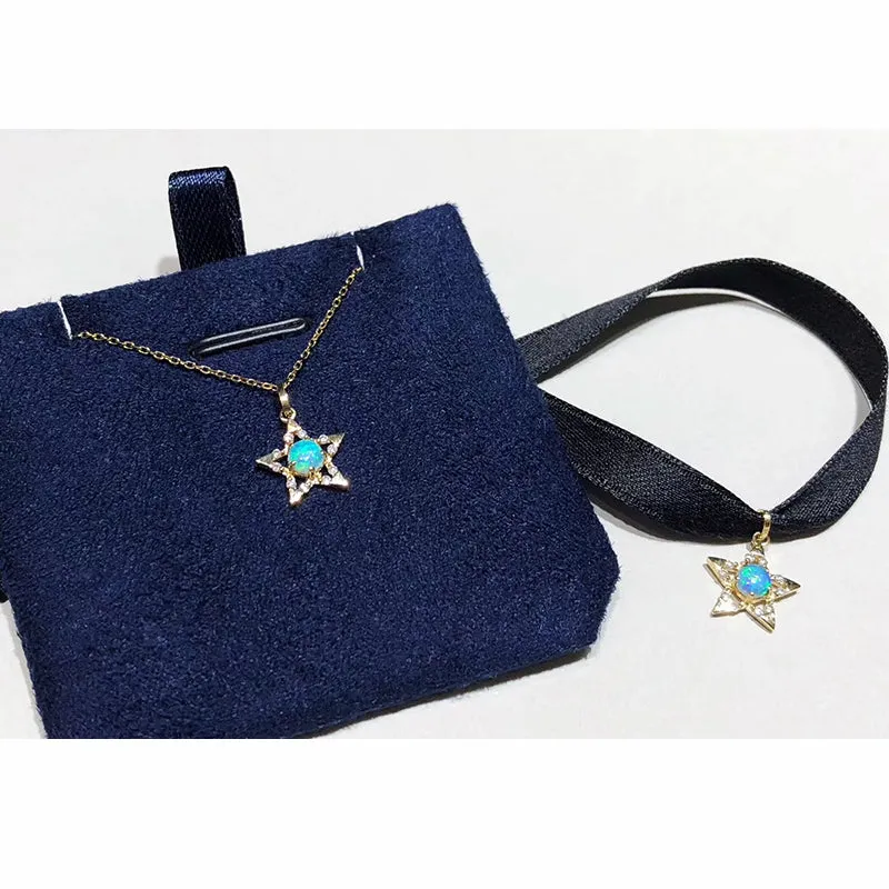 18K Gold Round Natural Diamond Opal 4.5M Five-pointed Star Choder Pendant