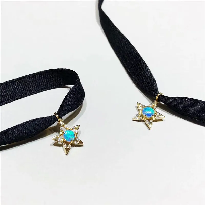 18K Gold Round Natural Diamond Opal 4.5M Five-pointed Star Choder Pendant