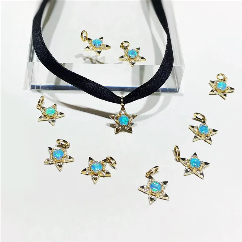 18K Gold Round Natural Diamond Opal 4.5M Five-pointed Star Choder Pendant