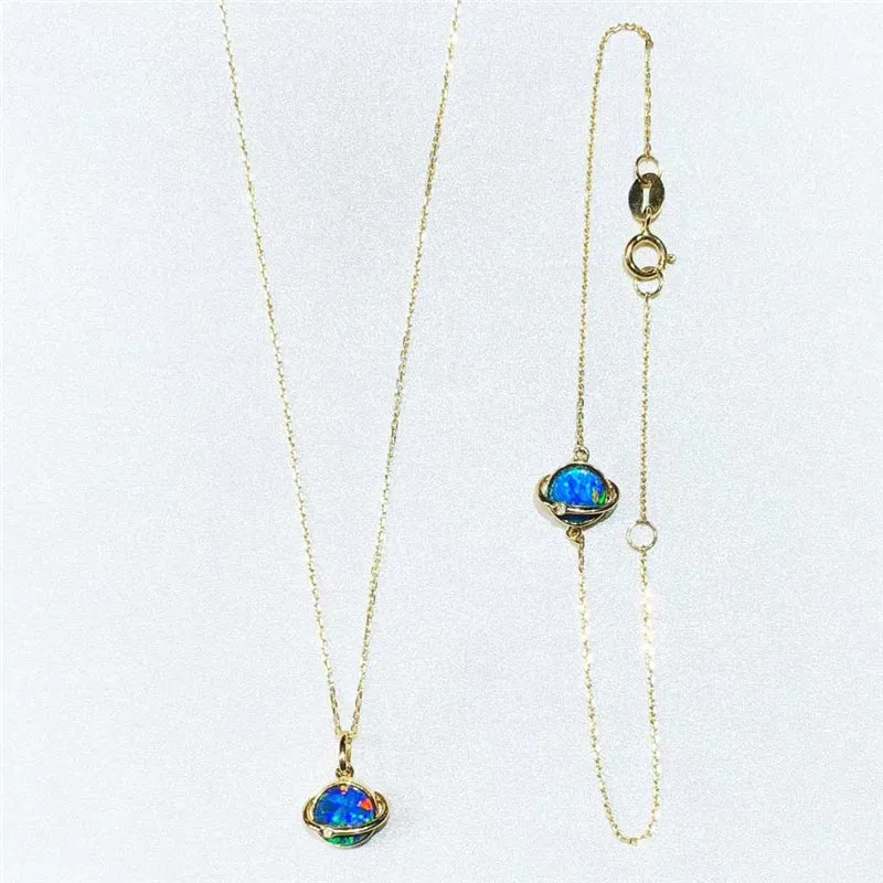18K Gold Round Natural Diamond Opal Pendant Necklace