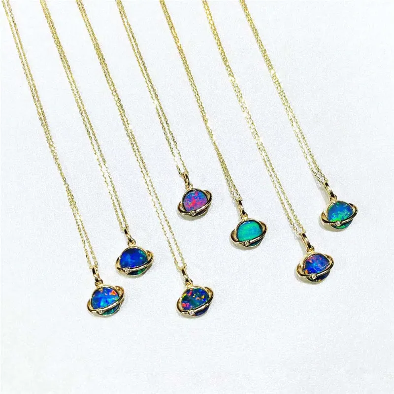 18K Gold Round Natural Diamond Opal Pendant Necklace