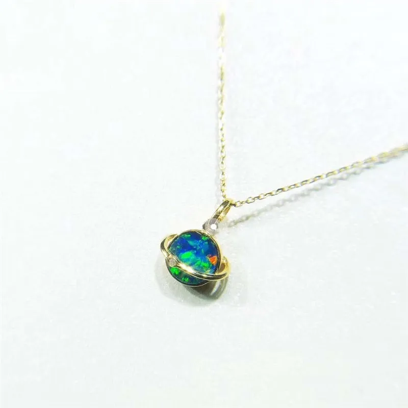 18K Gold Round Natural Diamond Opal Pendant Necklace