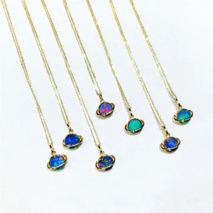 18K Gold Round Natural Diamond Opal Pendant Necklace