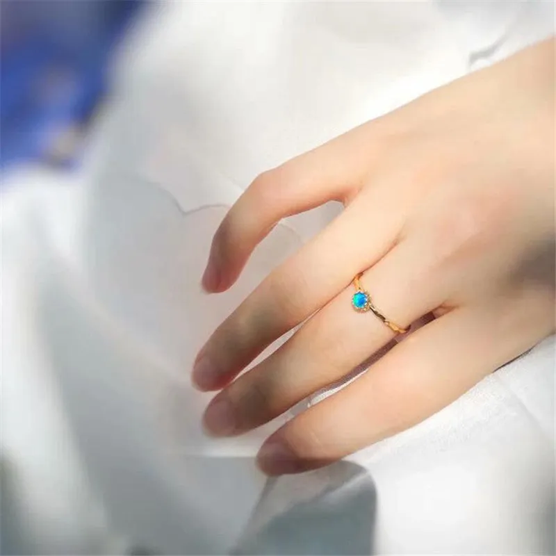 18K Gold Round Natural Opal Flower Bud Ring