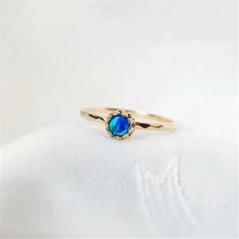 18K Gold Round Natural Opal Flower Bud Ring