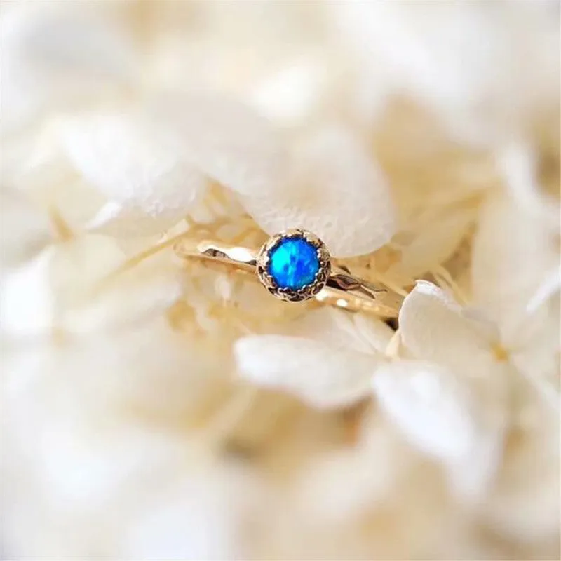 18K Gold Round Natural Opal Flower Bud Ring