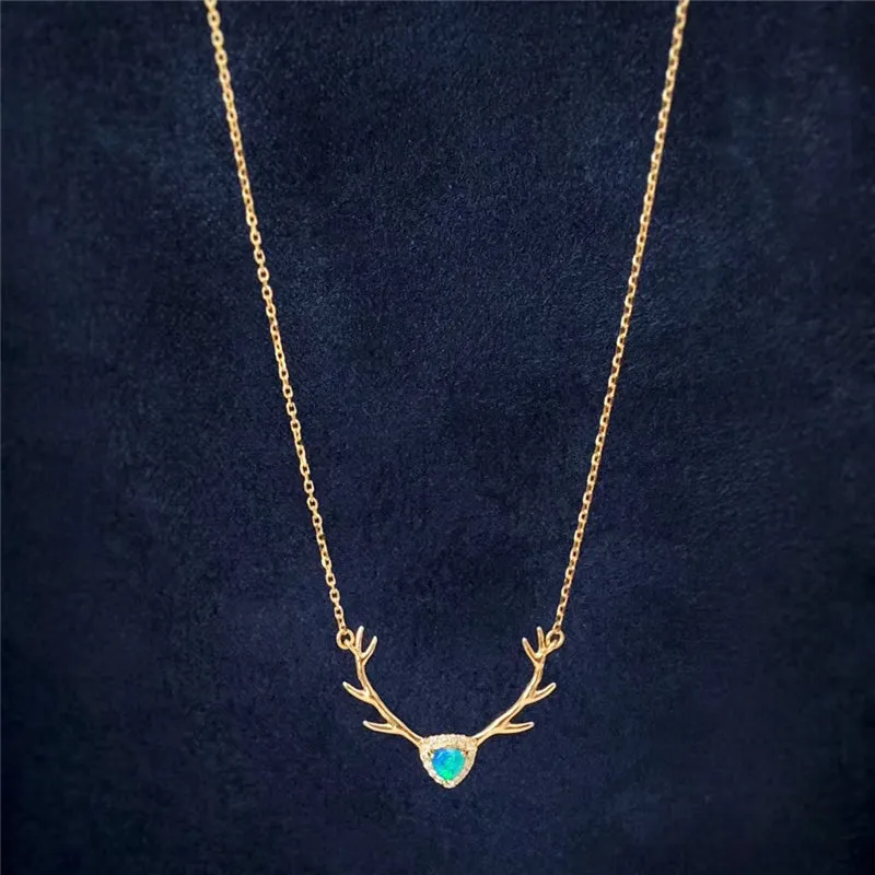 18K Gold Trillion Cut Natural Diamond Opal 21.1X17.7mm Deer Head Pendant Necklace