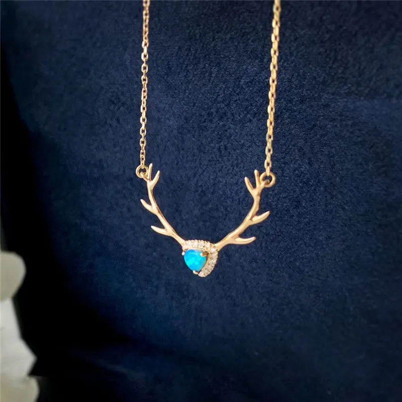 18K Gold Trillion Cut Natural Diamond Opal 21.1X17.7mm Deer Head Pendant Necklace