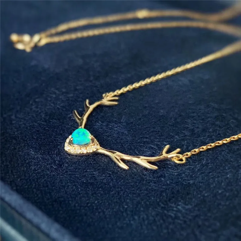 18K Gold Trillion Cut Natural Diamond Opal 21.1X17.7mm Deer Head Pendant Necklace