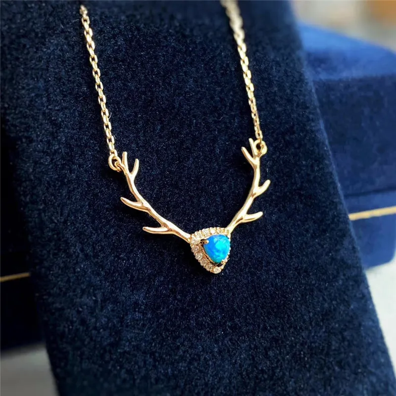 18K Gold Trillion Cut Natural Diamond Opal 21.1X17.7mm Deer Head Pendant Necklace