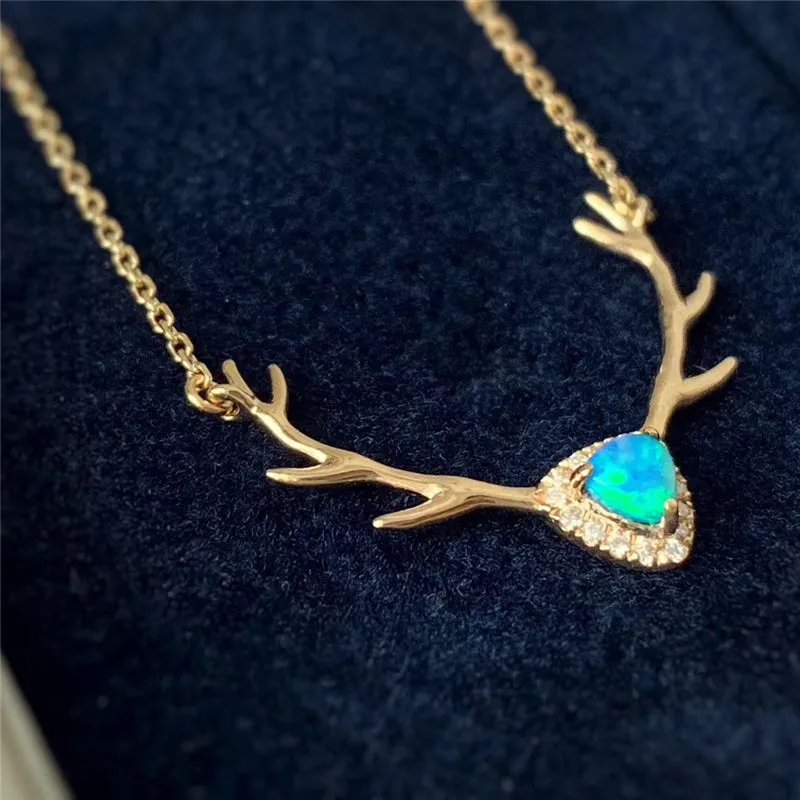18K Gold Trillion Cut Natural Diamond Opal 21.1X17.7mm Deer Head Pendant Necklace