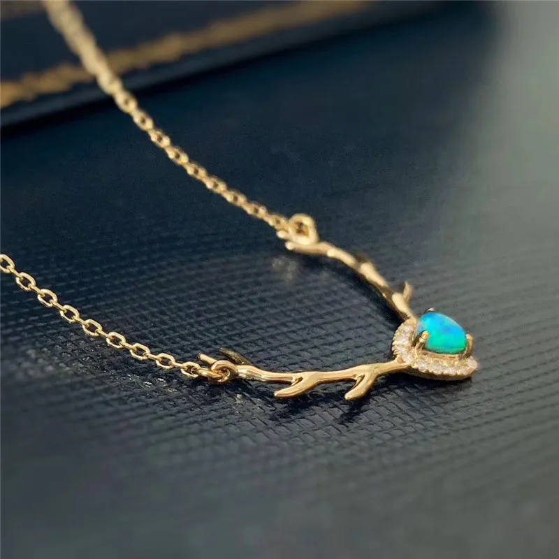 18K Gold Trillion Cut Natural Diamond Opal 21.1X17.7mm Deer Head Pendant Necklace