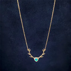 18K Gold Trillion Cut Natural Diamond Opal 21.1X17.7mm Deer Head Pendant Necklace