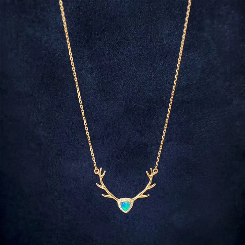 18K Gold Trillion Cut Natural Diamond Opal 21.1X17.7mm Deer Head Pendant Necklace