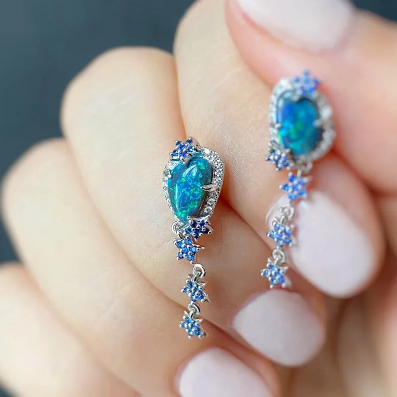 18K Gold Unusual Shape 0.80ct Natural Opal Diamond Sapphire Drop Earrings