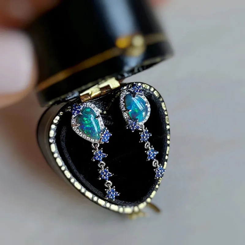 18K Gold Unusual Shape 0.80ct Natural Opal Diamond Sapphire Drop Earrings