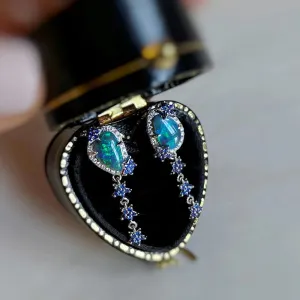 18K Gold Unusual Shape 0.80ct Natural Opal Diamond Sapphire Drop Earrings