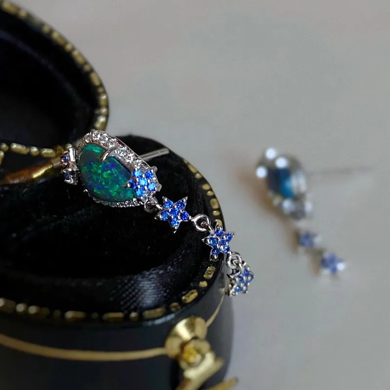18K Gold Unusual Shape 0.80ct Natural Opal Diamond Sapphire Drop Earrings