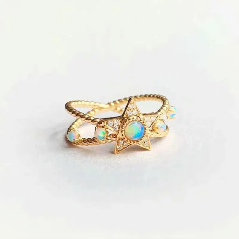 18K Round Cut Gold Natural Opal Diamond Five-Pointed Star Ring