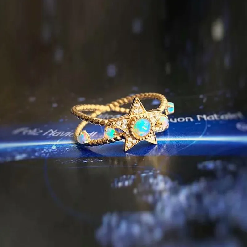18K Round Cut Gold Natural Opal Diamond Five-Pointed Star Ring