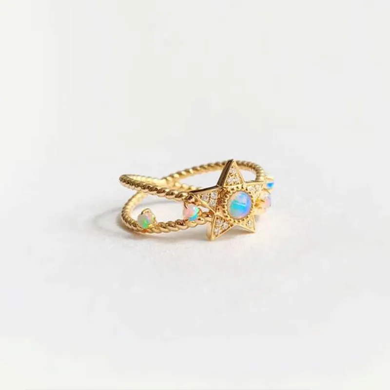 18K Round Cut Gold Natural Opal Diamond Five-Pointed Star Ring