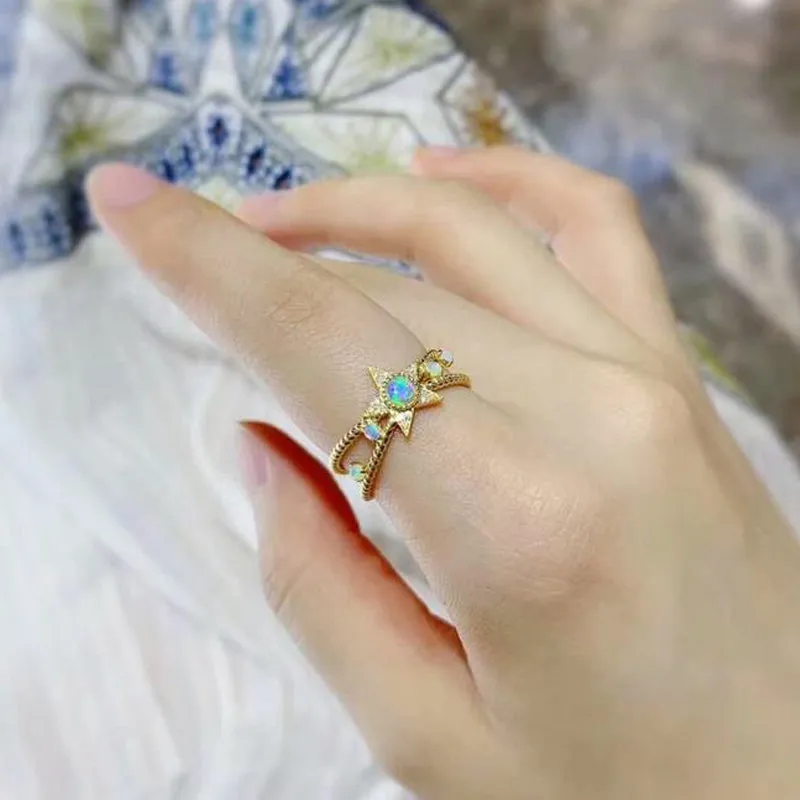 18K Round Cut Gold Natural Opal Diamond Five-Pointed Star Ring