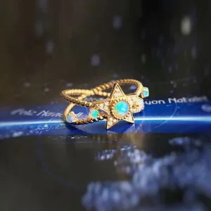 18K Round Cut Gold Natural Opal Diamond Five-Pointed Star Ring