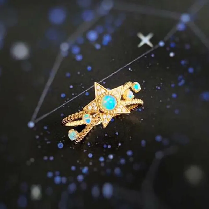 18K Round Cut Gold Natural Opal Diamond Five-Pointed Star Ring