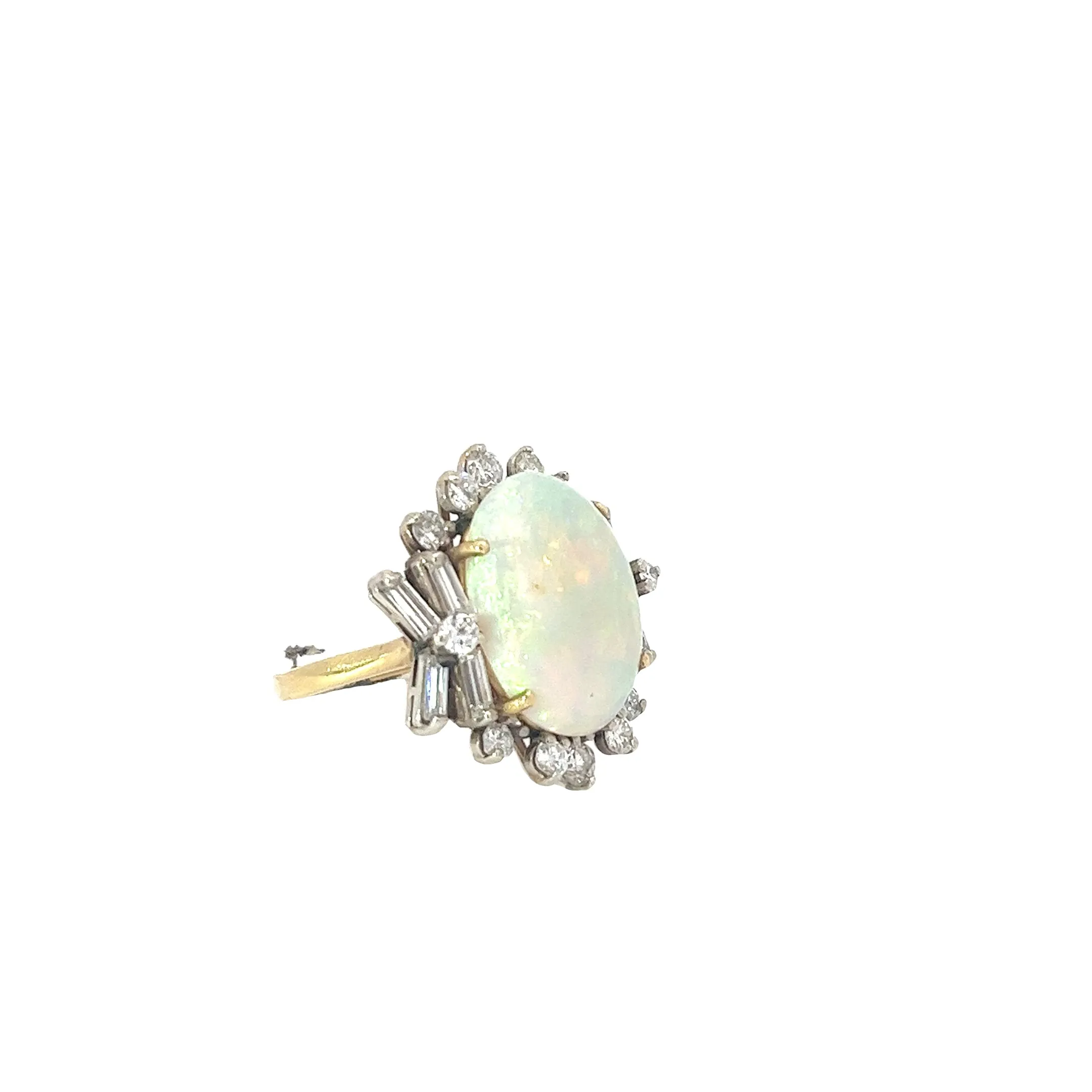 18k Two Toned 6.44ct Opal and 1.50ct F VS2 Round and Baguette total weight of Diamond Vintage Ring