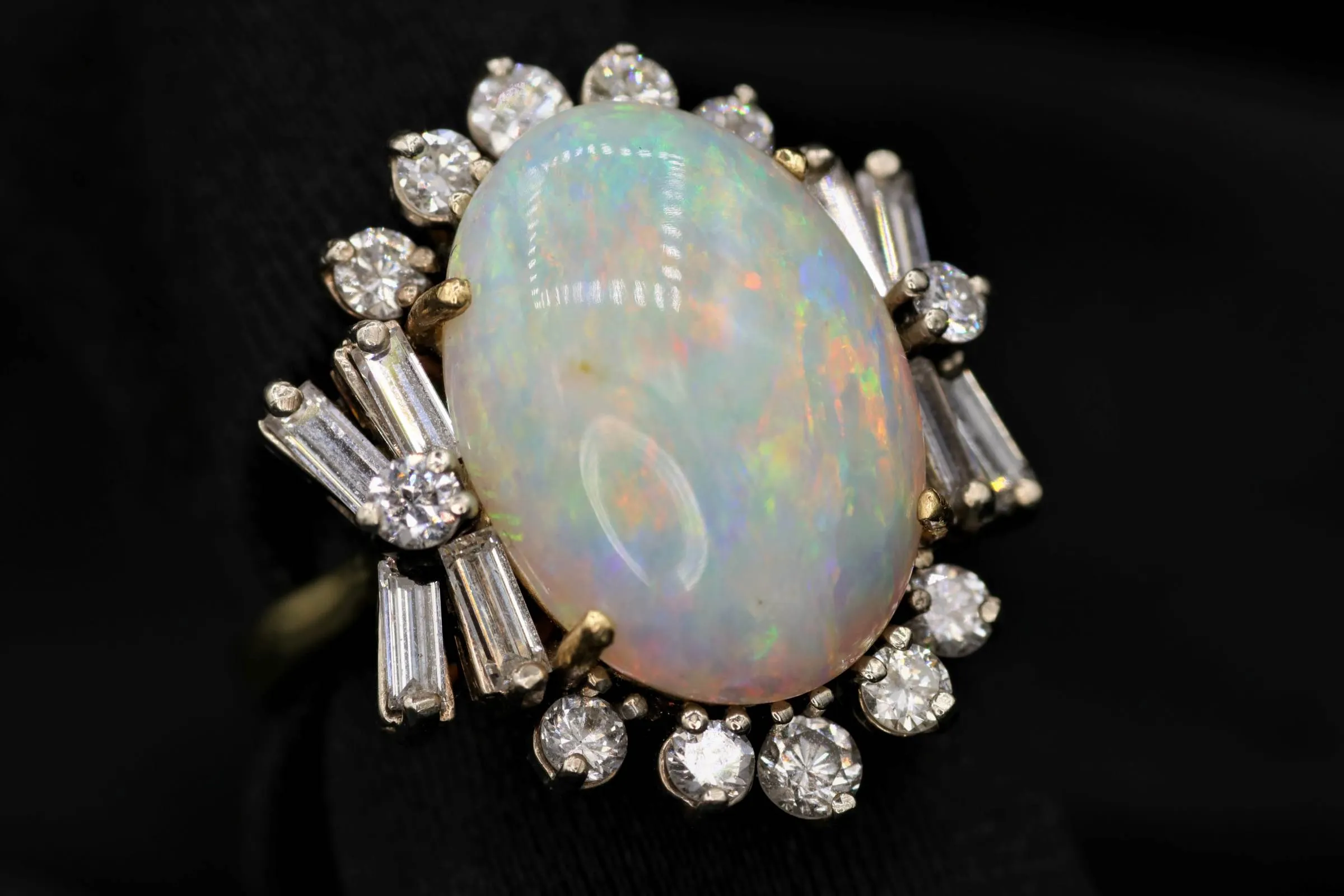 18k Two Toned 6.44ct Opal and 1.50ct F VS2 Round and Baguette total weight of Diamond Vintage Ring