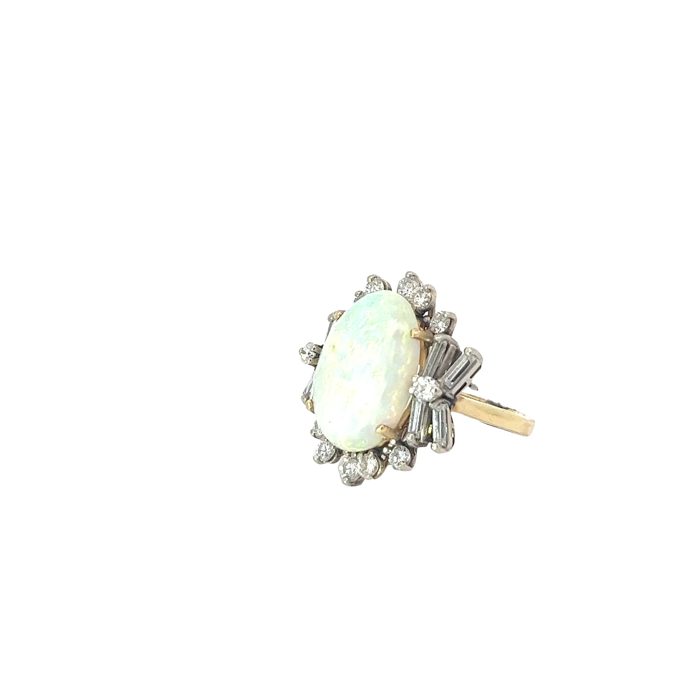 18k Two Toned 6.44ct Opal and 1.50ct F VS2 Round and Baguette total weight of Diamond Vintage Ring