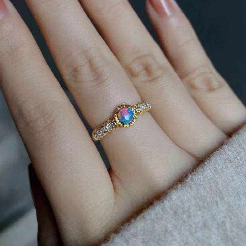 18K White & Gold 0.06ct Natural Opal 0.04ct Diamond Vintage Ring