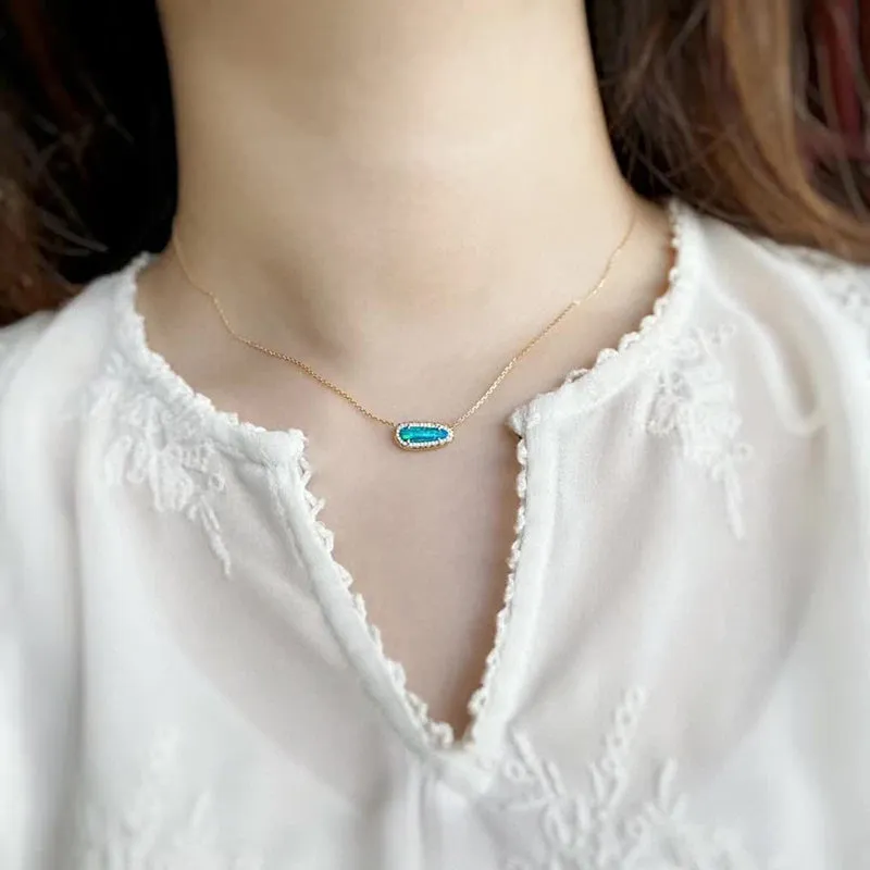 18K White & Gold 0.40ct Natural Opal 0.1ct Diamond Necklace 18"