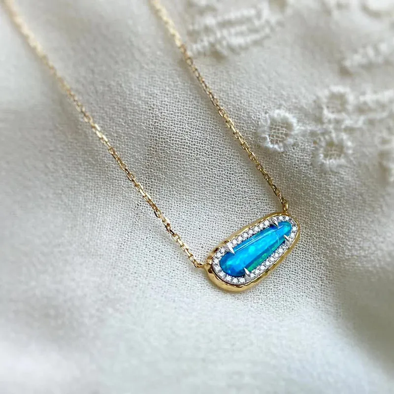 18K White & Gold 0.40ct Natural Opal 0.1ct Diamond Necklace 18"