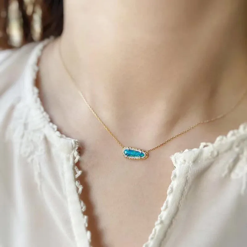 18K White & Gold 0.40ct Natural Opal 0.1ct Diamond Necklace 18"